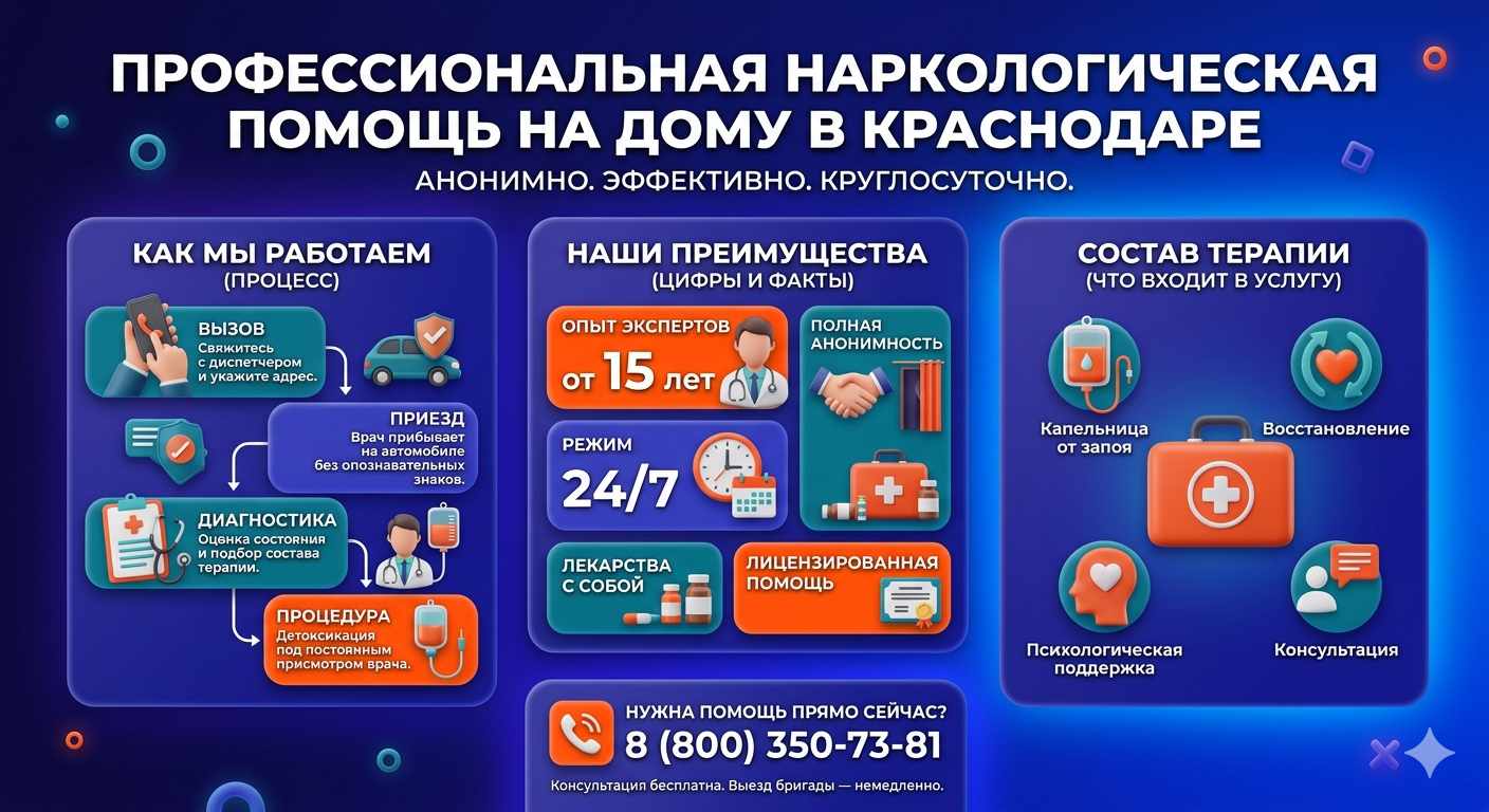 Инфографика о принципах лечения алкоголизма на дому в Ракитном: этапы вызова нарколога, преимущества анонимной детоксикации и состав медицинской помощи.
